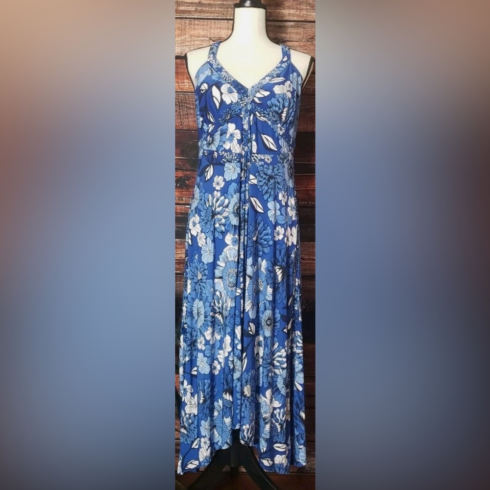 Midi Blue Floral Print Stretch Womens
